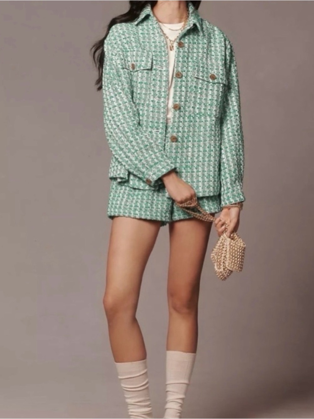 Anthropologie Maeve Green Tweed Boucle Shacket Jacket Medium Oversized